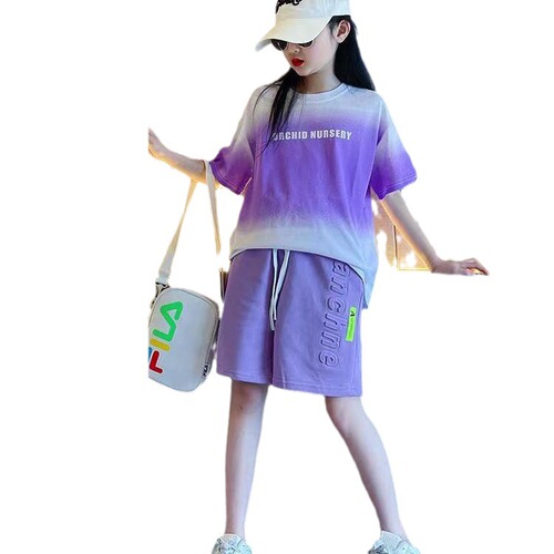 Girls summer tie-dye T-shirt five-quarter pants sports suit  new fashionable gradient two-piece set for big children and girls