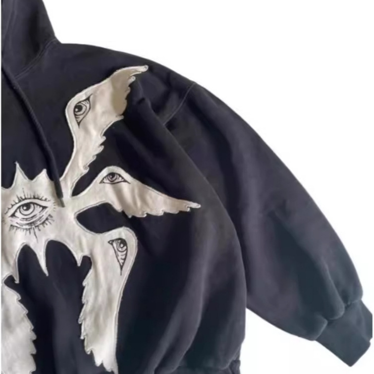 남성과 여성을위한 국경 간 고딕 천사 자수 풀오버 스웨트 셔츠 Y2K 멀티 아이 파우치 다크 루즈 긴팔 탑