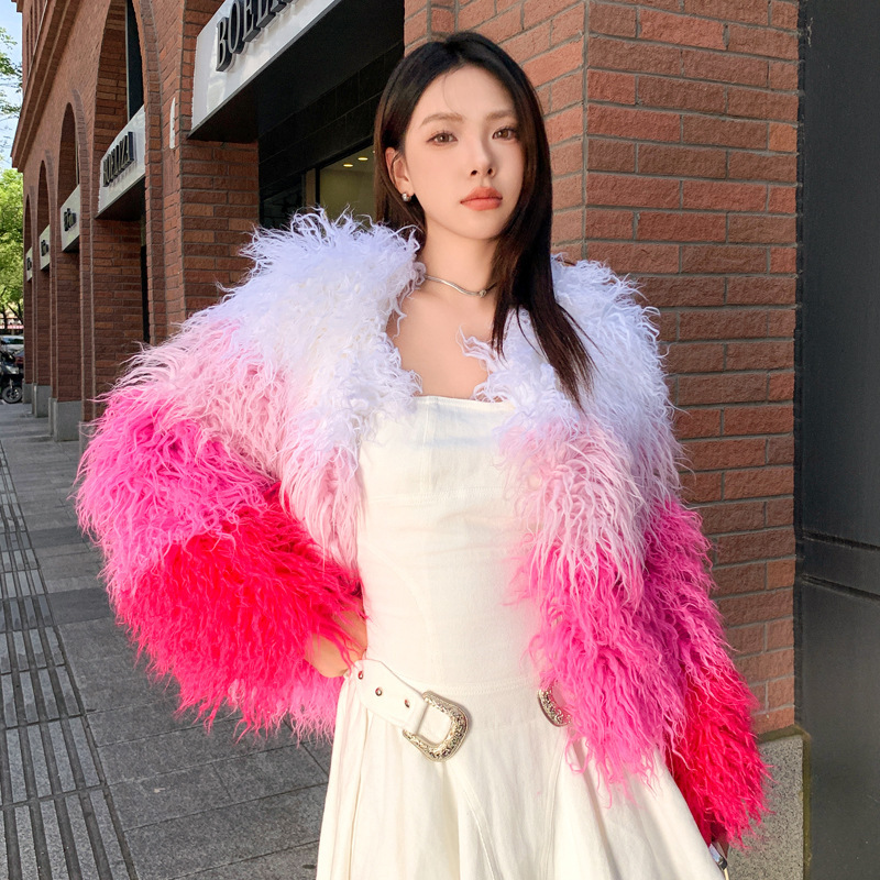 European and American fur imitation beach wool short white powder rose color contrast fur stitching coat winter lambswool coat