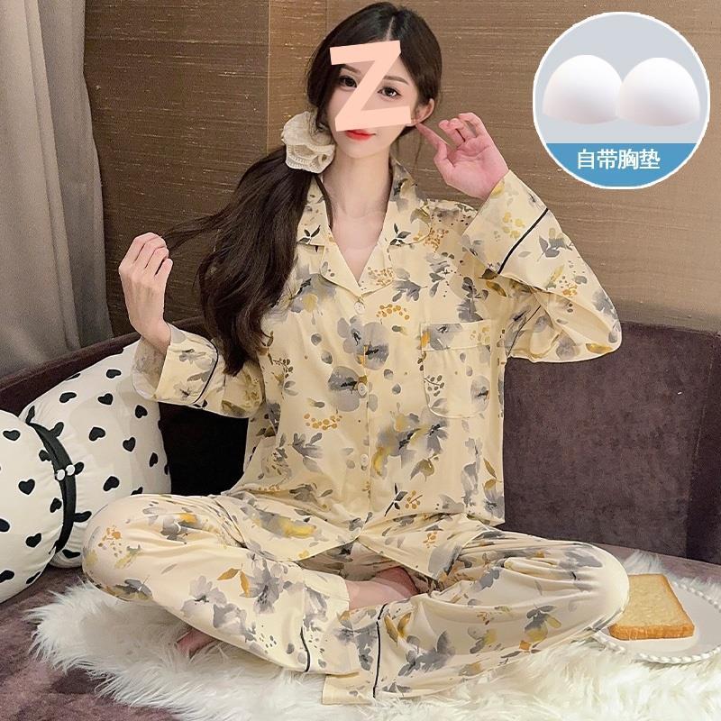 春と秋の女性用パジャマ、胸パッド付き長袖ズボン、膨らみ防止スーツ、冬と夏の女性のかわいい漫画のホーム服|undefined