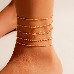 New cross-border minimalist 5-piece anklet shein hot-selling European and American ball bead chain box chain anklet set wholesale