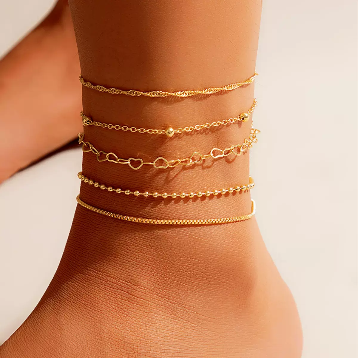 新款跨境极简5件套脚链 shein热销款欧美圆珠链盒链脚链套装批发