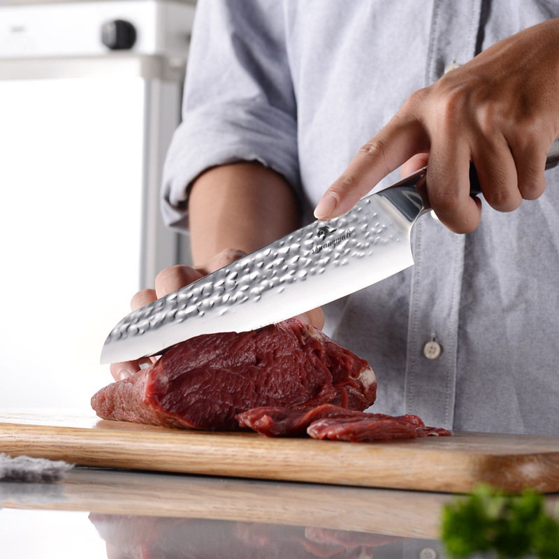 Cuchillo de chef de 8 pulgadas de color para el hogar mango de madera forjado patrón de martillo de acero inoxidable cuchillo rebanador cuchillo de cocina Generación de cabello transfronterizo