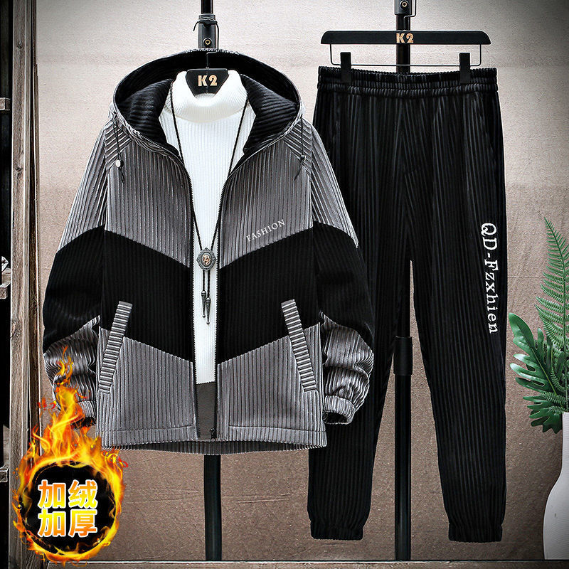남자 겨울 새 기모 두꺼운 재킷 세트 캐주얼 패션 코듀로이 재킷 따뜻한 콜드 투피스 세트