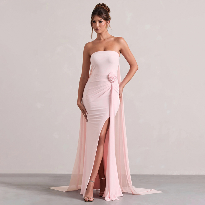 2025 transfronterizo Europa y Estados Unidos otoño temperamento flor de pecho sin mangas un vestido de hombro bifurcado vestido largo para mujeres image 3