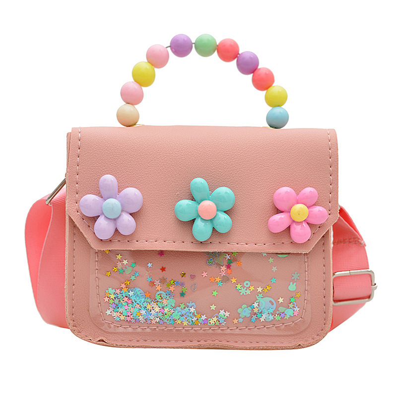 新しい子供のショルダーバッグパールポータブル小さな正方形バッグかわいい小さな花スパンコール装飾幼稚園トレンディなクロスボディバッグ|undefined