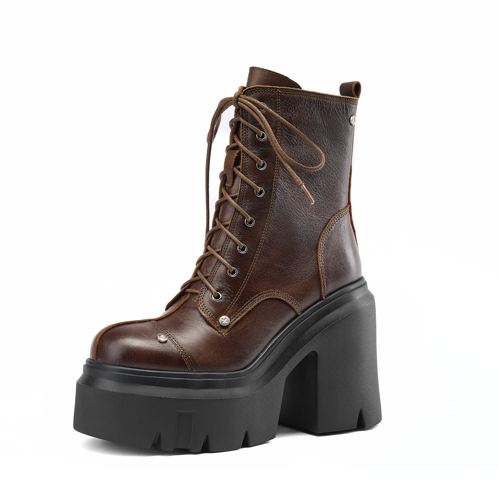 Boot nữ da mềm mũi tròn gót thô đế dày dây buộc — Lót nhung đen