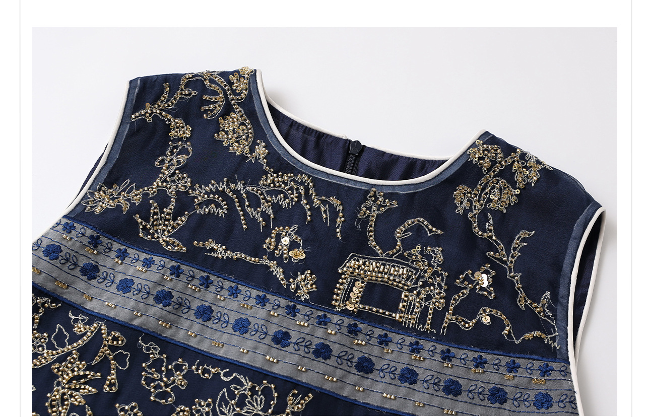 Áo vest gile nữ lụa tơ tằm cổ tròn thêu họa tiết quốc phong mùa hè — Màu xanh navy, Màu trắng be chi tiết 6