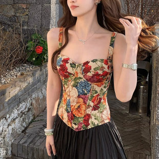 Popular slimming camisole, grab the new French jacquard fishbone bra for women with waist-cinching plant embroidery flower 25801