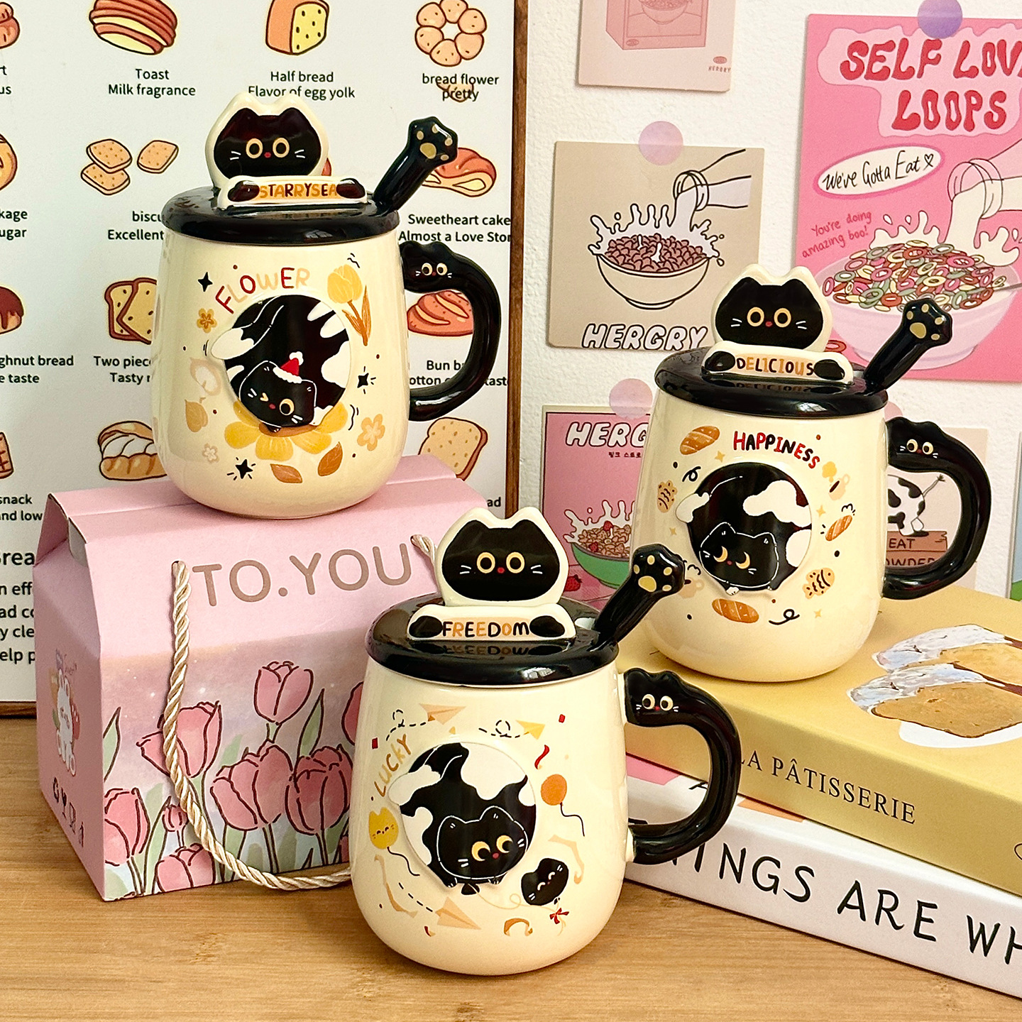 Cute gato cerámica taza con cubierta taza de cuchara de taza de agua de alto valor para niñas taza de regalo de cumpleaños casera taza de pareja