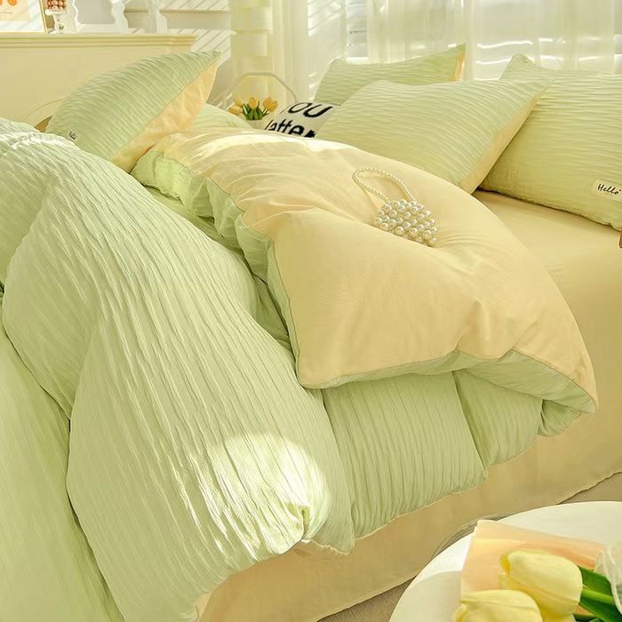 Seersucker Solid Color Double Washed Cotton Fitted Sheet Four-Piece Quilt Cover Bedding Dormitory Bed Sheets Three-Piece Set