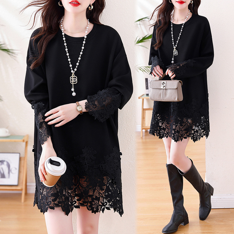 Fat M Lace Bottom Stitching Long-sleeved T-shirt Mid-length Belly-covering Small Shirt Women's plus size Simple Slim Top