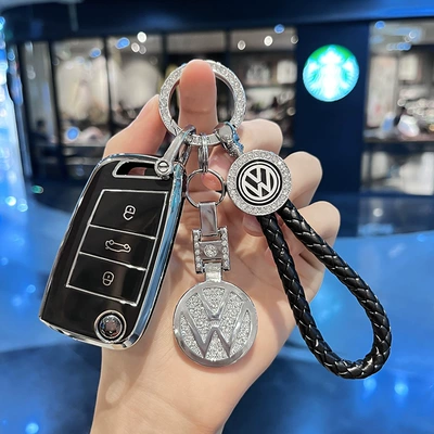buckle men's high-end women — Car key bag - volkswagen-i-folding-3-keys-black-single-shell-diamond-embedded-car-logo-braided-rope