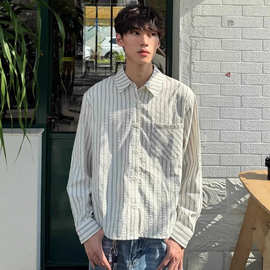 美式复古cleanfit条纹泡泡纱衬衫男款秋季高级感休闲正肩长袖衬衣