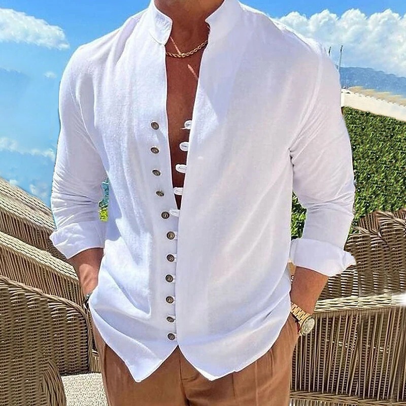 2025 Cross-Border Amazon Wish Ebay New Men's Retro Cotton and Linen Casual Loose Long-Sleeved Shirt