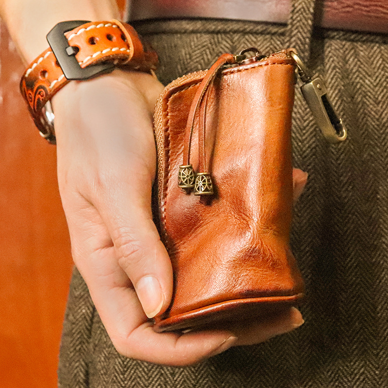 Leather bag for men, waist hanging cowhide, simple large capacity water bucket multifunctional zipper key bag, Korean_voghion.com
