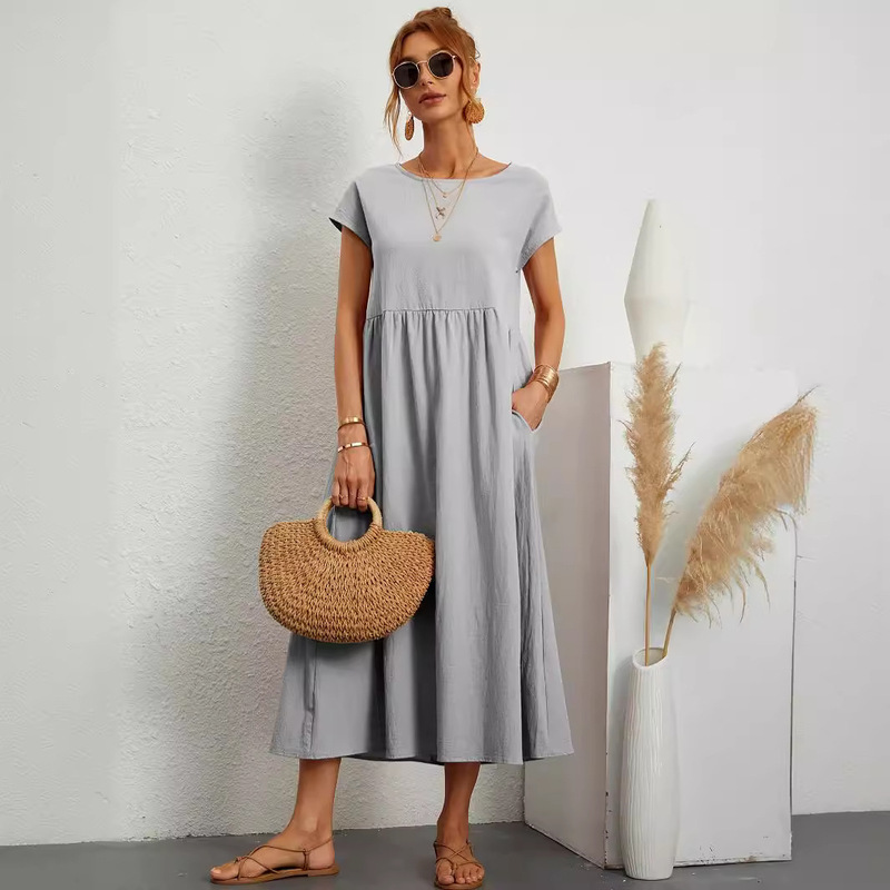 2024 new European and American Amazon solid color sleeveless loose cotton and linen pocket women's dress cross-border spot