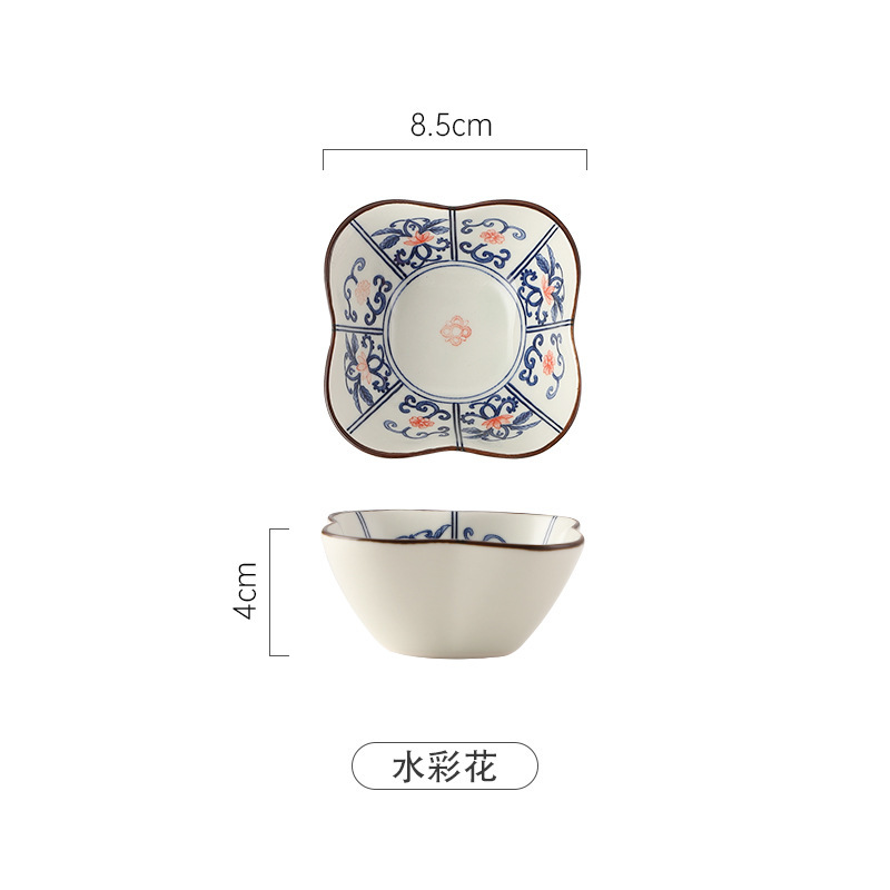陶磁器の花の形の皿の日本式の復古の釉薬の下で彩の花型の碗の家庭用レストランのソースの碗の鍋の皿の軽食の皿|undefined