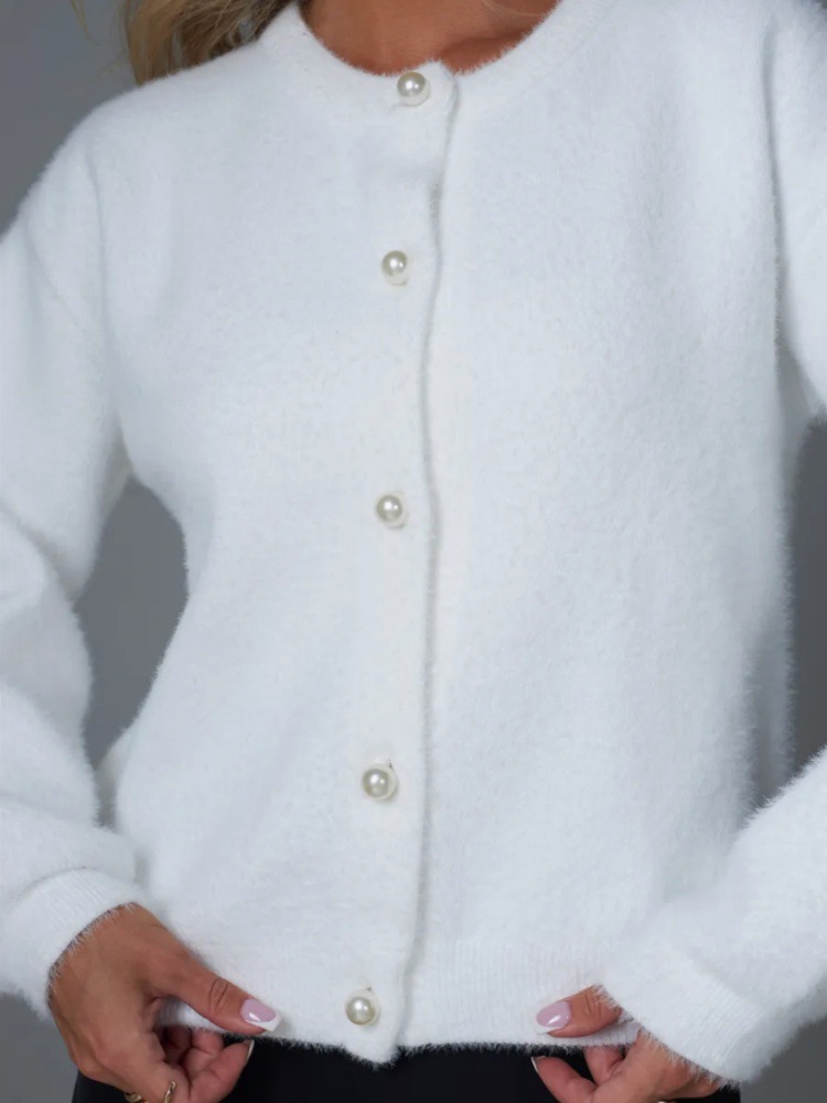 Cardigan aus Kunstnerzstrick – Weicher, übergroßer Strickmantel mit Knopfleiste (Einheitsgröße, Rundhalsausschnitt, lange Ärmel, dick und kuschelig, Weiß, perfekt zum Layern)_voghion.com