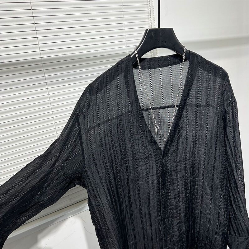 Spring and Summer Dark Style Simple Loose Hollow-Out Drapey Designer Collar Loose Cool Shirt Men's Lightweight Shirt