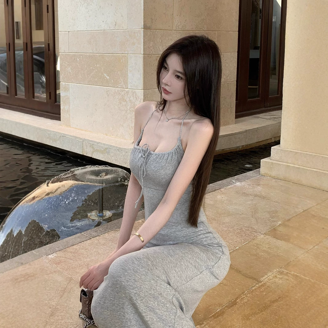 2025 новый летний стиль: платье с подвязками и бретелями, подчеркивающее талию, стройнящее, длинная юбка