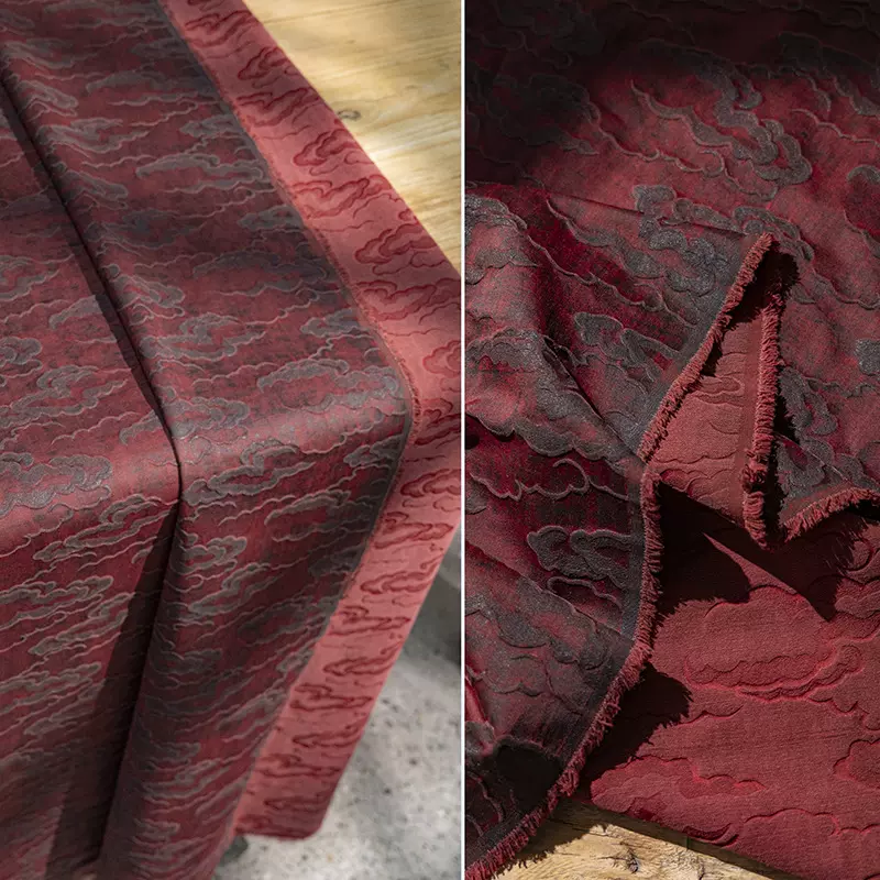 桑蚕丝复染酒红云莨绸真丝提花布料香云纱国风裙裤外套设计师面料