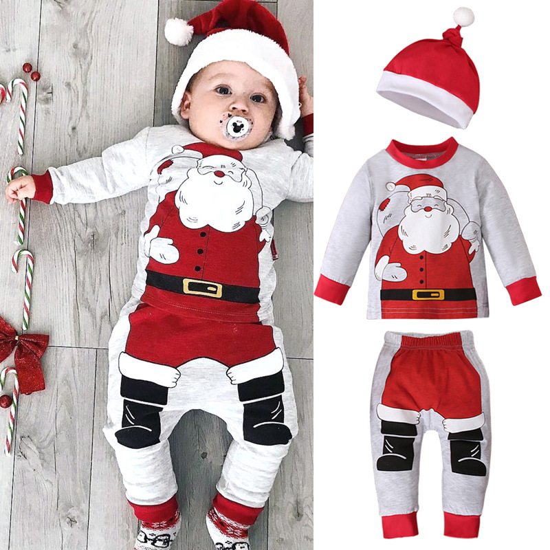 Boys And Girls Spring And Autumn Santa Claus Gray Long-sleeved Top + Trousers + Hat Three-piece Suit Children's Clothing_voghion.com