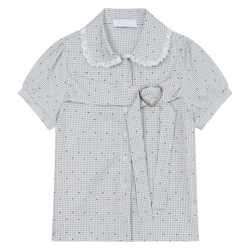 Lace Splicing Doll Collar Puff Sleeve Short-Sleeved Shirt for Women 2026 New Style Slim Fit Plaid Shirt Summer Lace Splicing Doll Collar Puff Sleeve Short-Sleeved Shirt for Women 2026 New Style Slim Fit Plaid Shirt Summer