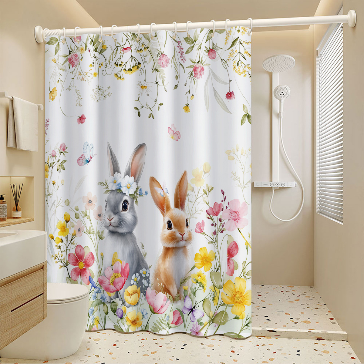 Cross-border Floral Shower Waterproof And Mildew-proof, No-drill Bathroom Partition Curtain, Hanging Curtain_voghion.com