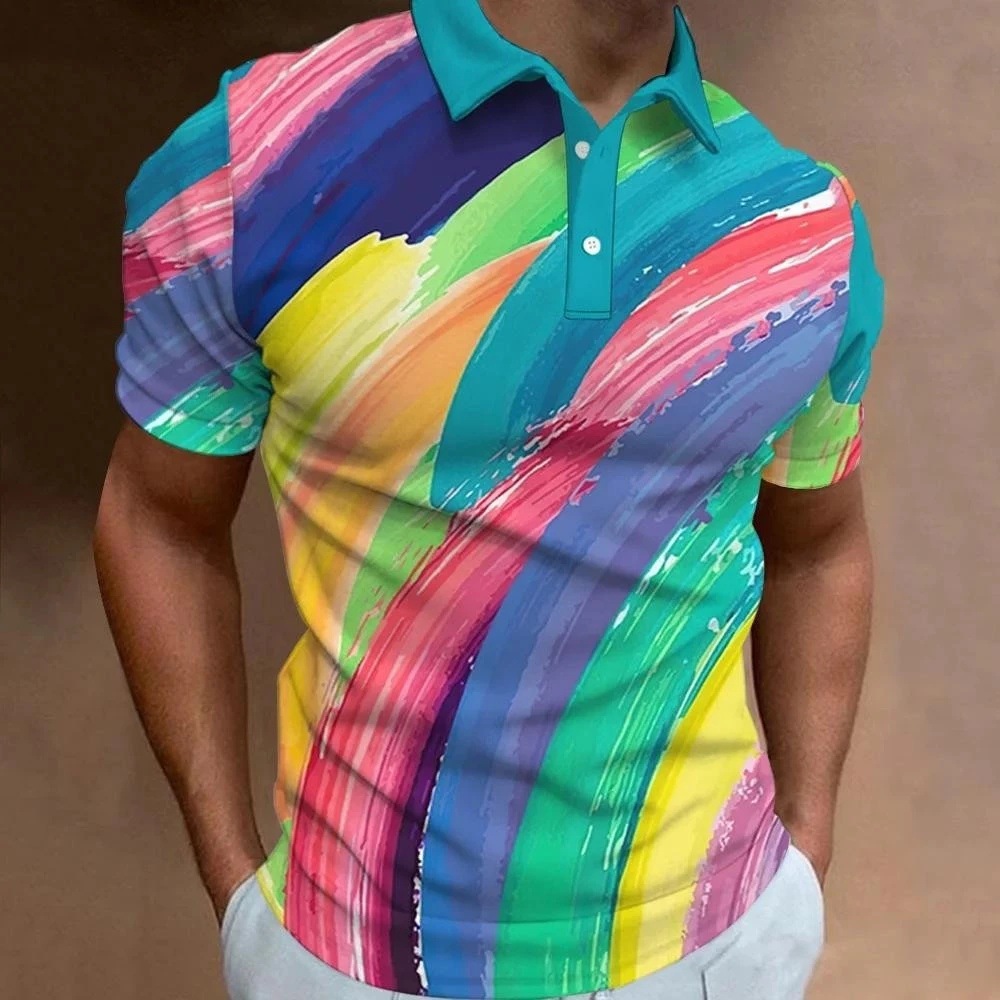 Camisa POLO con botones de manga corta transpirable de malla suelta de verano para hombres con estampado 3D de patchwork de color de venta caliente de la calle europea y americana