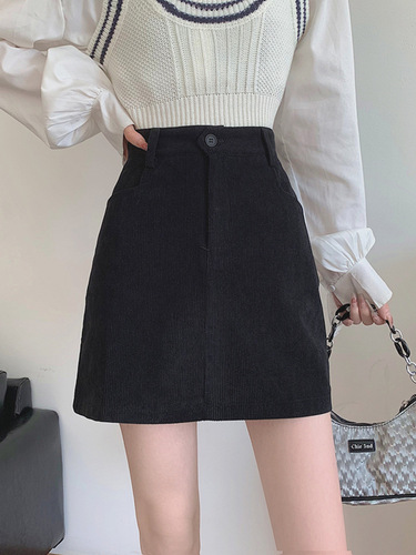 New coffee-colored corduroy skirt for women in autumn and winter slimming high-waisted A-line skirt 145 small butt-covering skirt