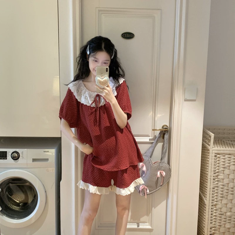 (Кросс-граничная торговля), летние красные шорты с круглым воротом, pijama, комплект, с коротким рукавом