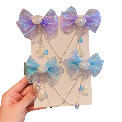 Baby cute mermaid princess pearl tassel bow forehead chain hair clip children's hair accessories girl hair clip