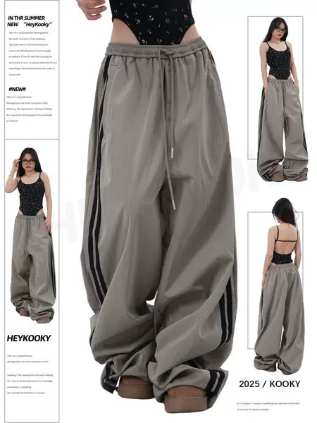 American-Style Trendy Retro Gray Striped Casual Pants for Women, Loose Versatile Sweatpants, Cargo Pants, Wide-Leg Floor-Length Trousers