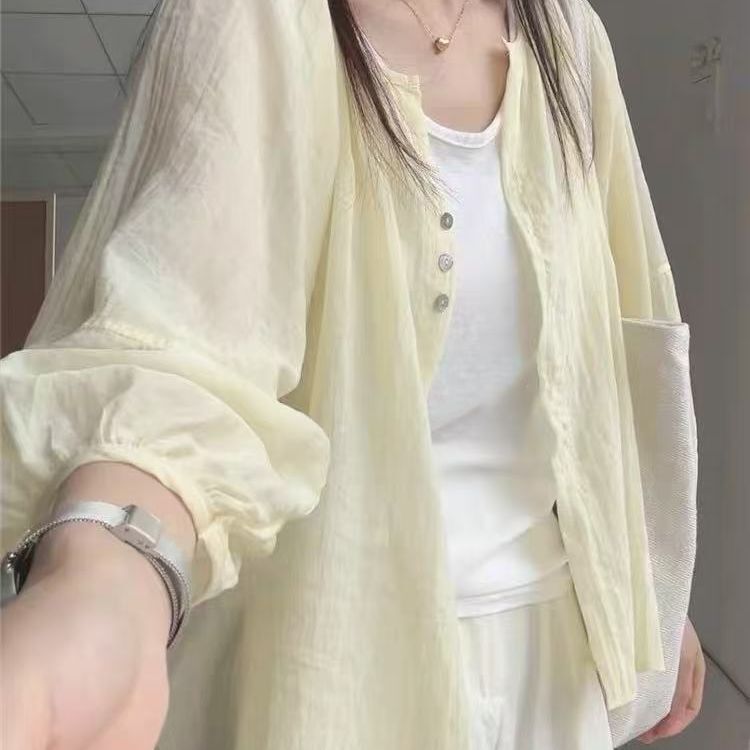 韩系超仙ins浅蓝色雪纺衬衫女叠穿宽松百搭显瘦防晒衬衣外穿开衫|undefined