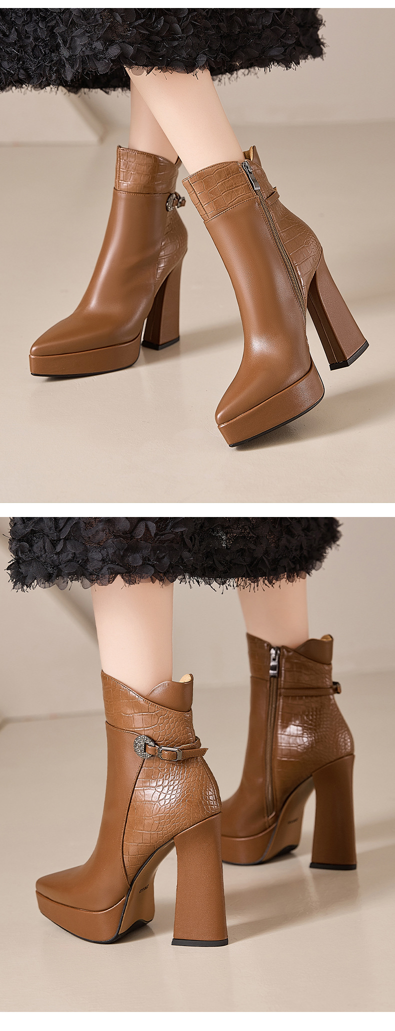 Boot nữ cổ thấp mũi nhọn da bò cao cấp gót siêu cao đế dày mùa thu đông — nâu, màu đen chi tiết 10