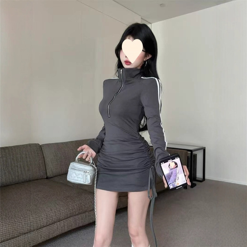 港风高级小众polo领拉链长袖连衣裙女运动风辣妹褶皱修身包臀裙|undefined