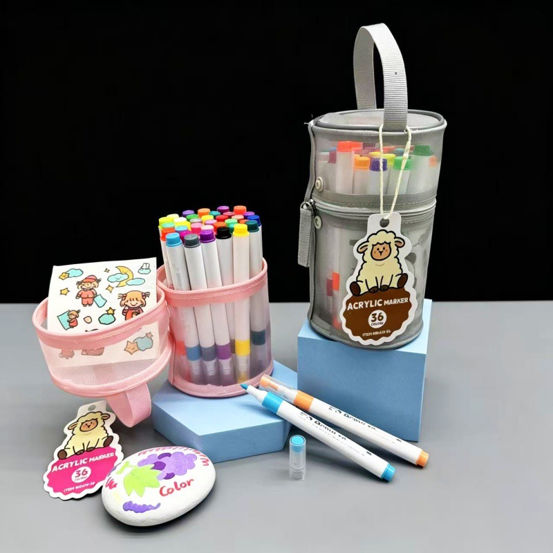 Portátil acrílico marcador conjunto de dibujo de niños cabeza suave opaco color plegable 24 colores 36 bolsas de red portátiles