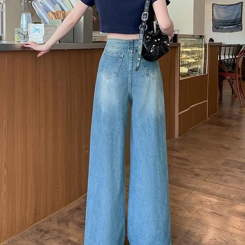 Retro Washed Blue Wide Leg Women's Jeans 2025 Spring New High-Waisted Unique Straight Leg Ground-Length Pants