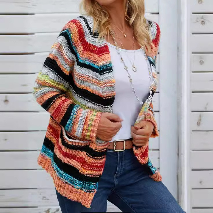 Autumn and Winter Cross-Border Trade Rainbow-Colored Playful Loose Striped Sweater Dopamine European and American Casual Thin Cardigan Autumn and Winter Cross-Border Trade Rainbow-Colored Playful Loose Striped Sweater Dopamine European and American Casual Thin Cardigan