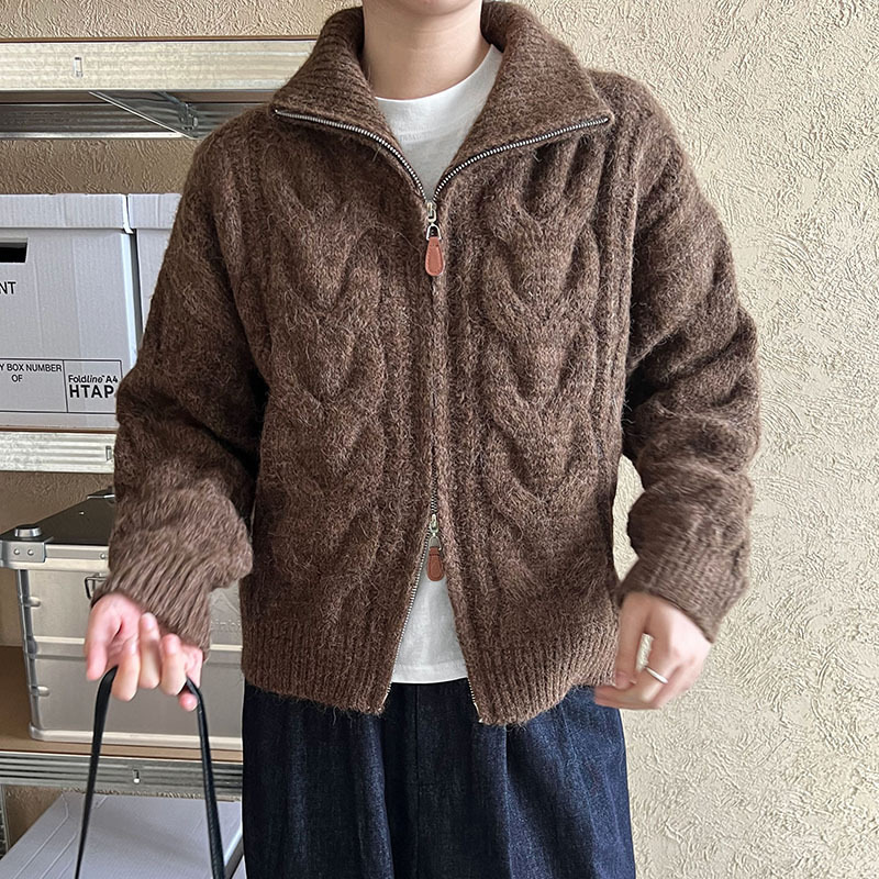 慵懒风翻领麻花毛衣外套女秋冬新款韩系宽松拉链加厚针织开衫上衣|undefined
