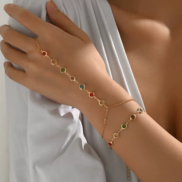 European and American Cross-Border Jewelry Ethnic Style Personalized Colorful Mixed Color Finger Chain Bracelet Metal Chain Fashion Versatile Hand Jewelry