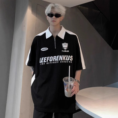 150kg 大きいサイズメンズハーフジップポロシャツ半袖 Tシャツ男性と女性の夏のハイストリートハンサムアメリカンレーシングスーツ