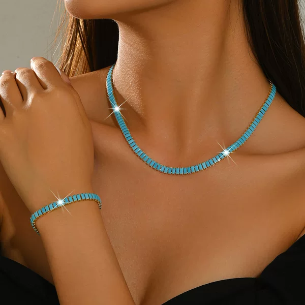 Cross-border luxury sky-blue crystal zircon necklace and bracelet set, exuding a sophisticated and elegant vibe, perfect for highlighting the collarbone, directly from the factory