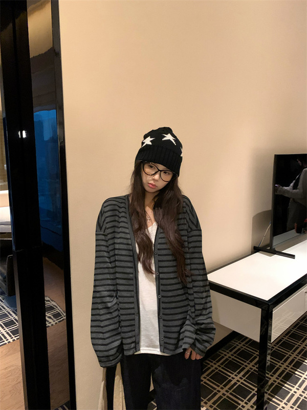 休闲慵懒风条纹v领长袖外套女2025新款秋装韩系百搭宽松上衣开衫|undefined