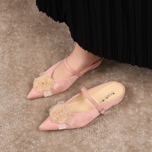 2237-H95 Korean version one word belt sweet beauty shoes, suede flower slope heel, half drag, inner height increase, low