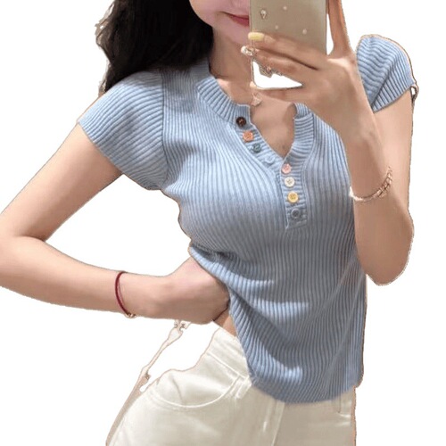 V-neck short-sleeve versatile knit sweater for women—summer, slimming, uniquely stylish, and beautifully crafted with a delicate yellow-colored button detail.