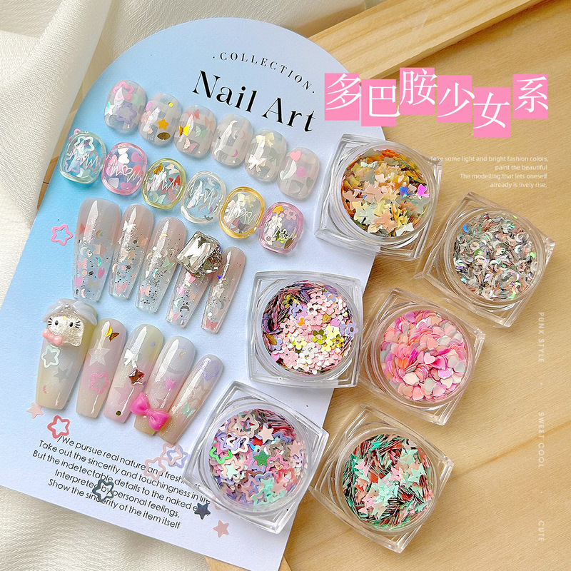 Nail dopamine hollow five-pointed star sequins sweet critical hit pink love mixed color petal bow patch
