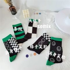 Japanese ins trendy green series checkerboard smiley mid-calf socks for couples retro sports personality niche socks for women