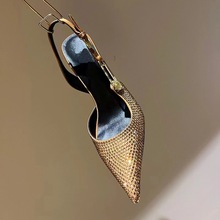 2026新款尖头浅口水钻金属一字扣带细跟超高跟跨境性感大码女凉鞋